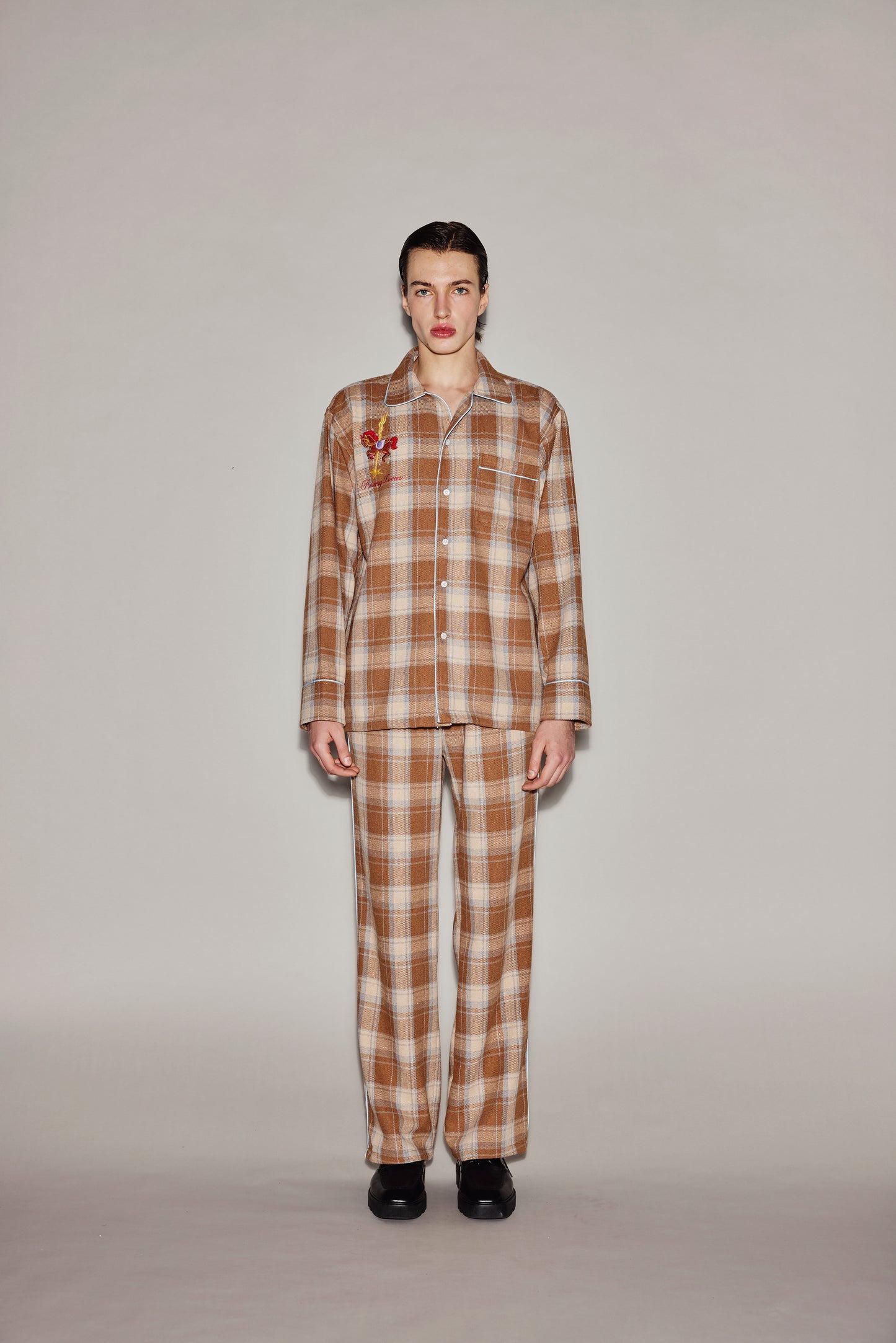 BROWN PLAID PAJAMAS SHIRT
