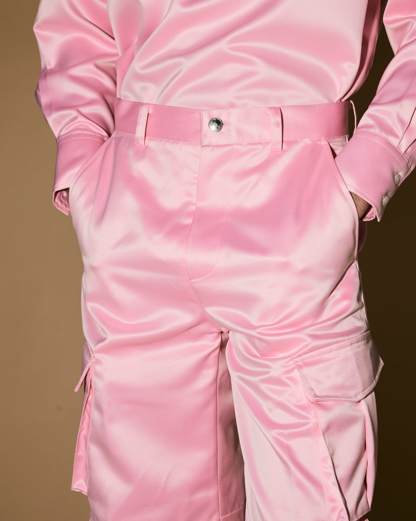 BLACK SATIN CARGO PANTS