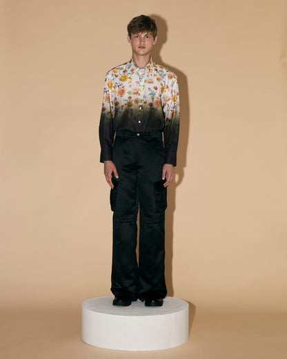 BLACK SATIN CARGO PANTS