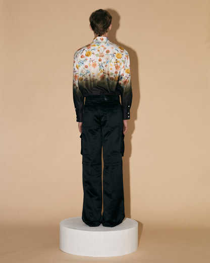 BLACK SATIN CARGO PANTS