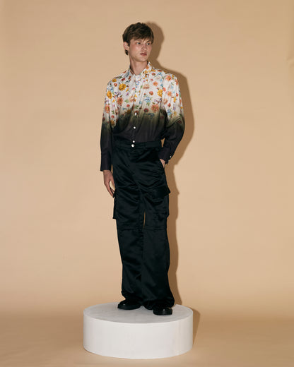 BLACK SATIN CARGO PANTS