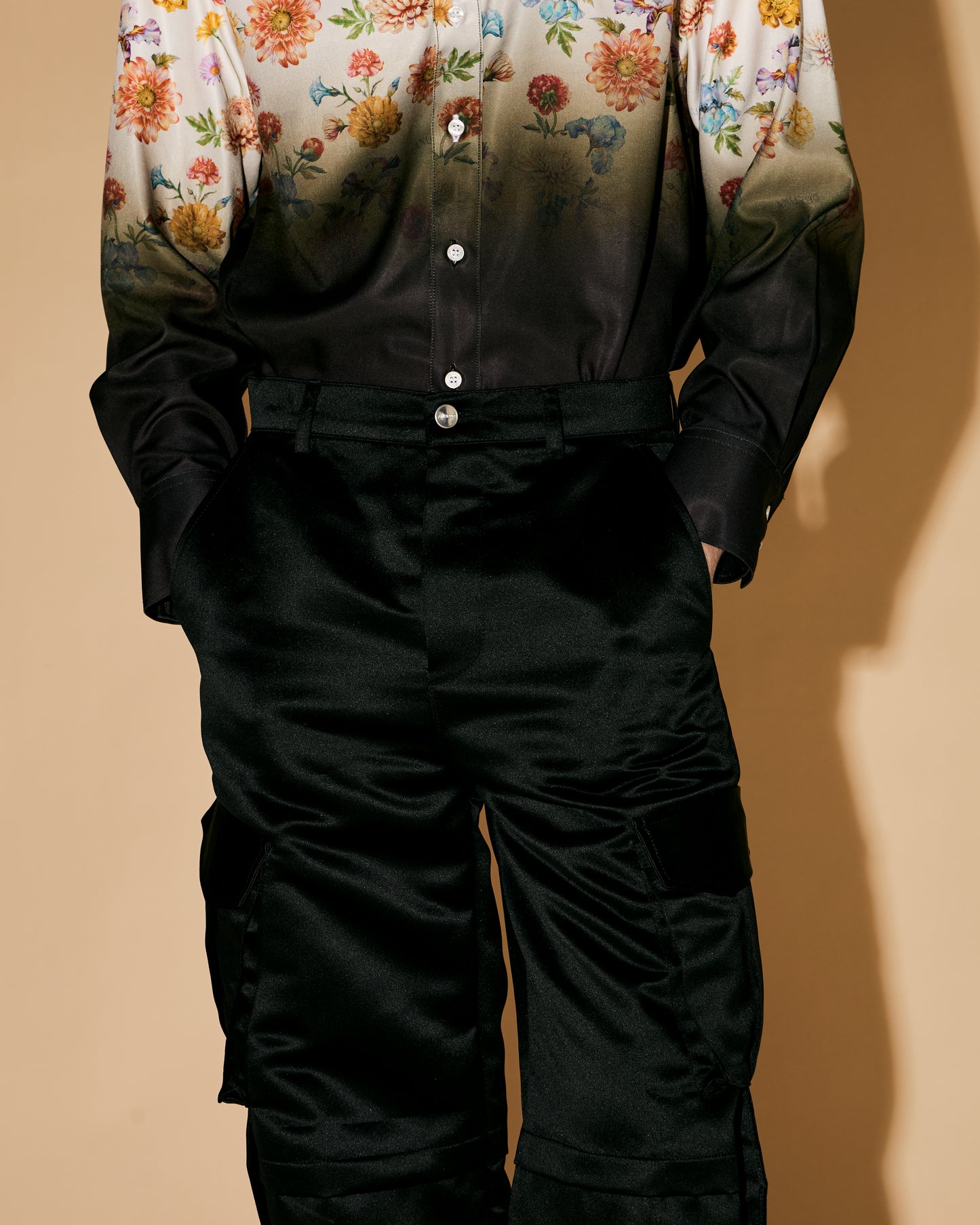 BLACK SATIN CARGO PANTS