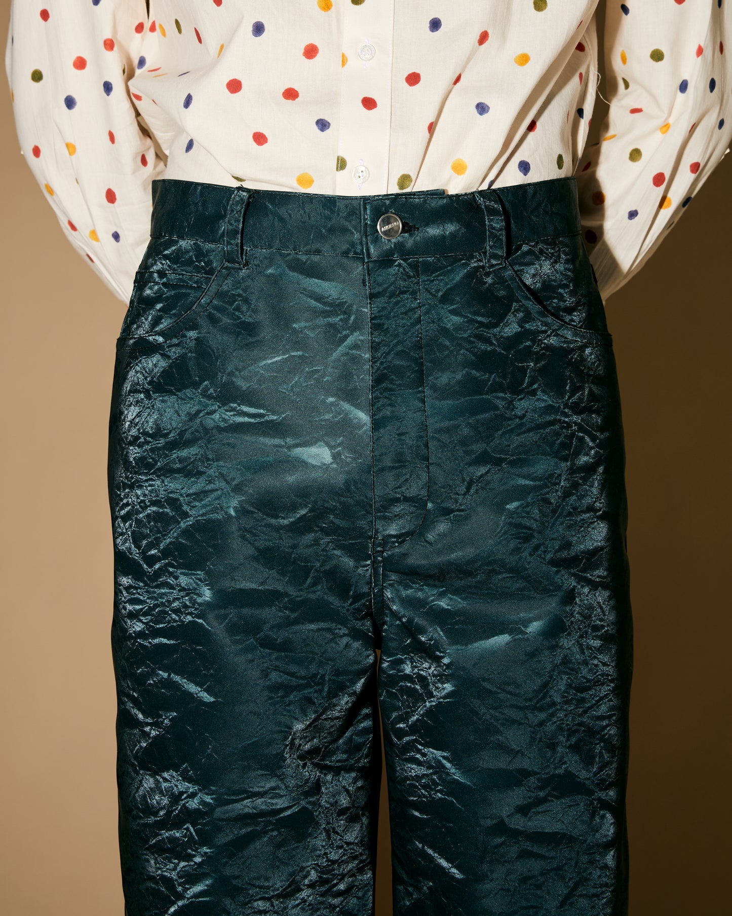 BLUE SILK LEATHER PANTS