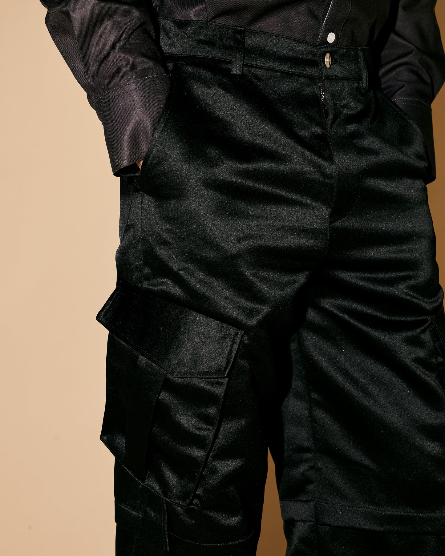 BLACK SATIN CARGO PANTS