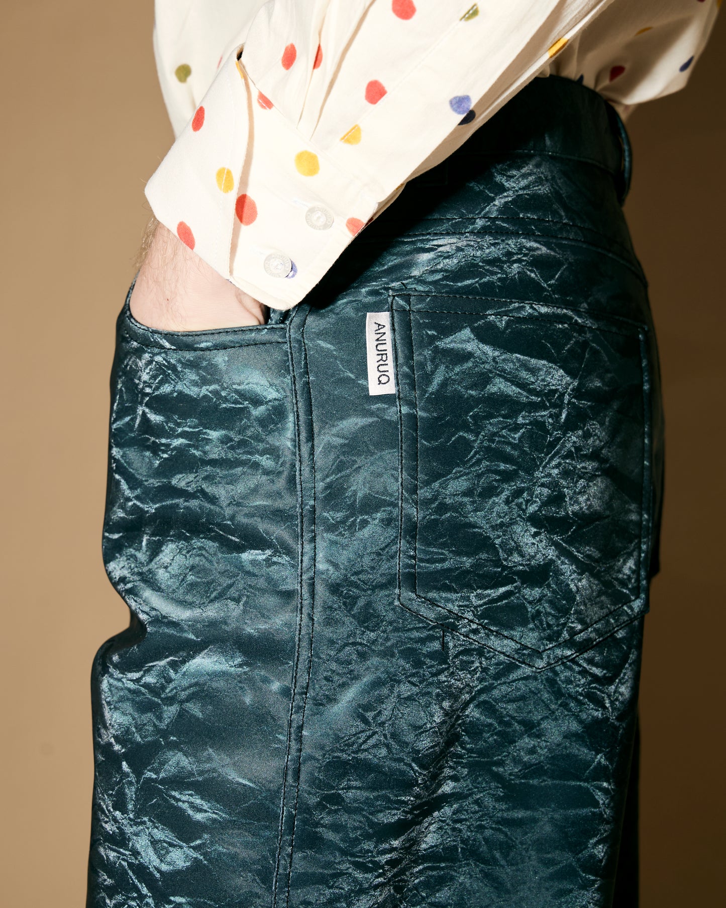 BLUE SILK LEATHER PANTS