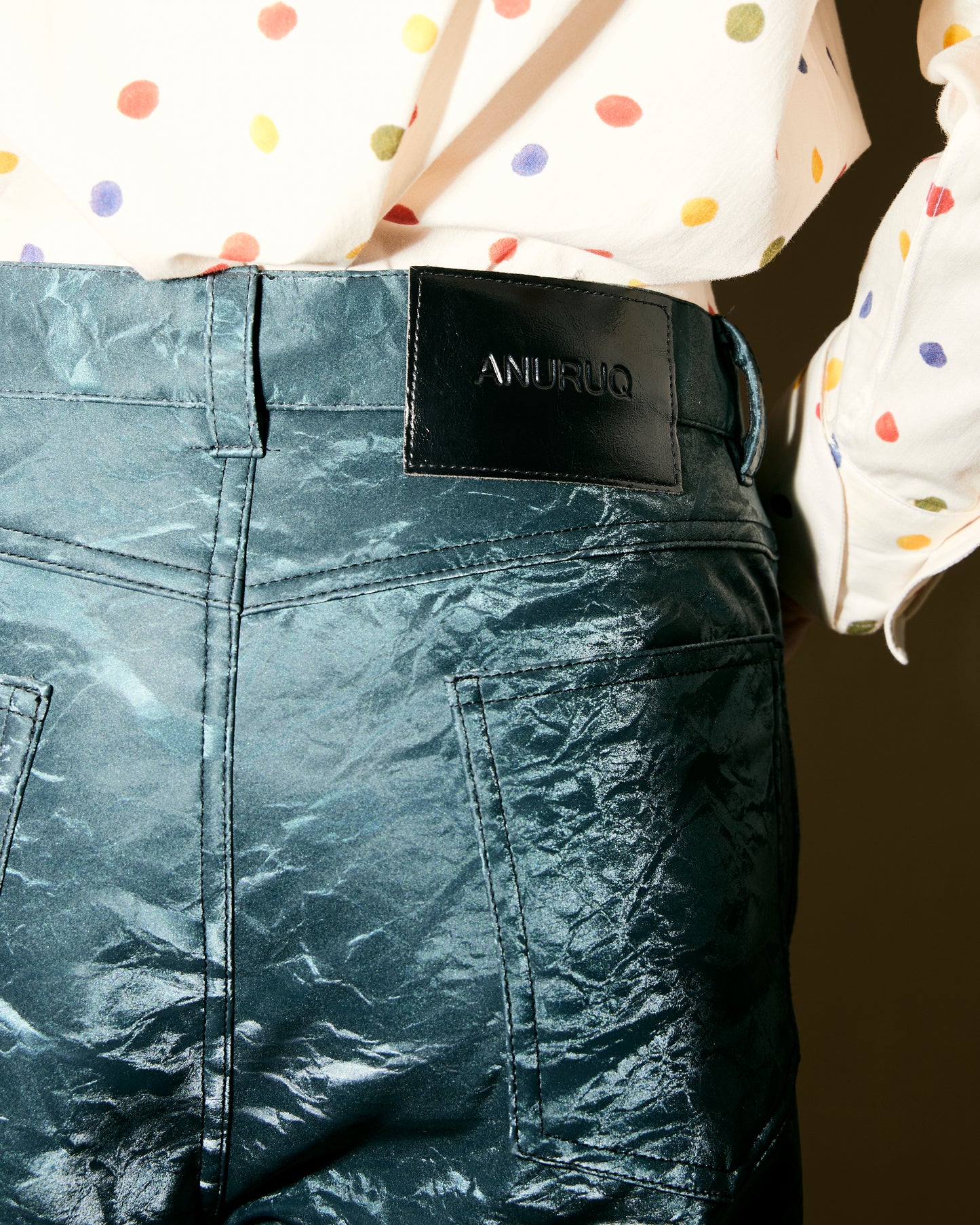 BLUE SILK LEATHER PANTS