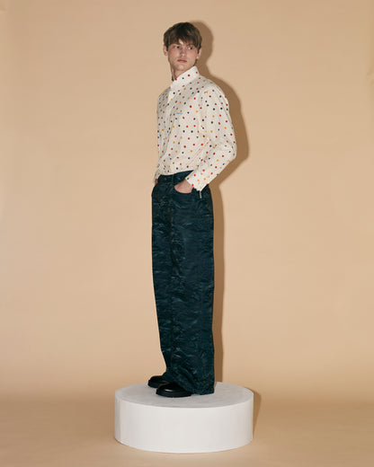 BLUE SILK LEATHER PANTS