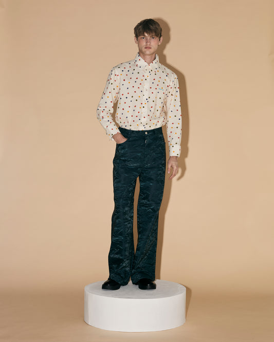 BLUE SILK LEATHER PANTS