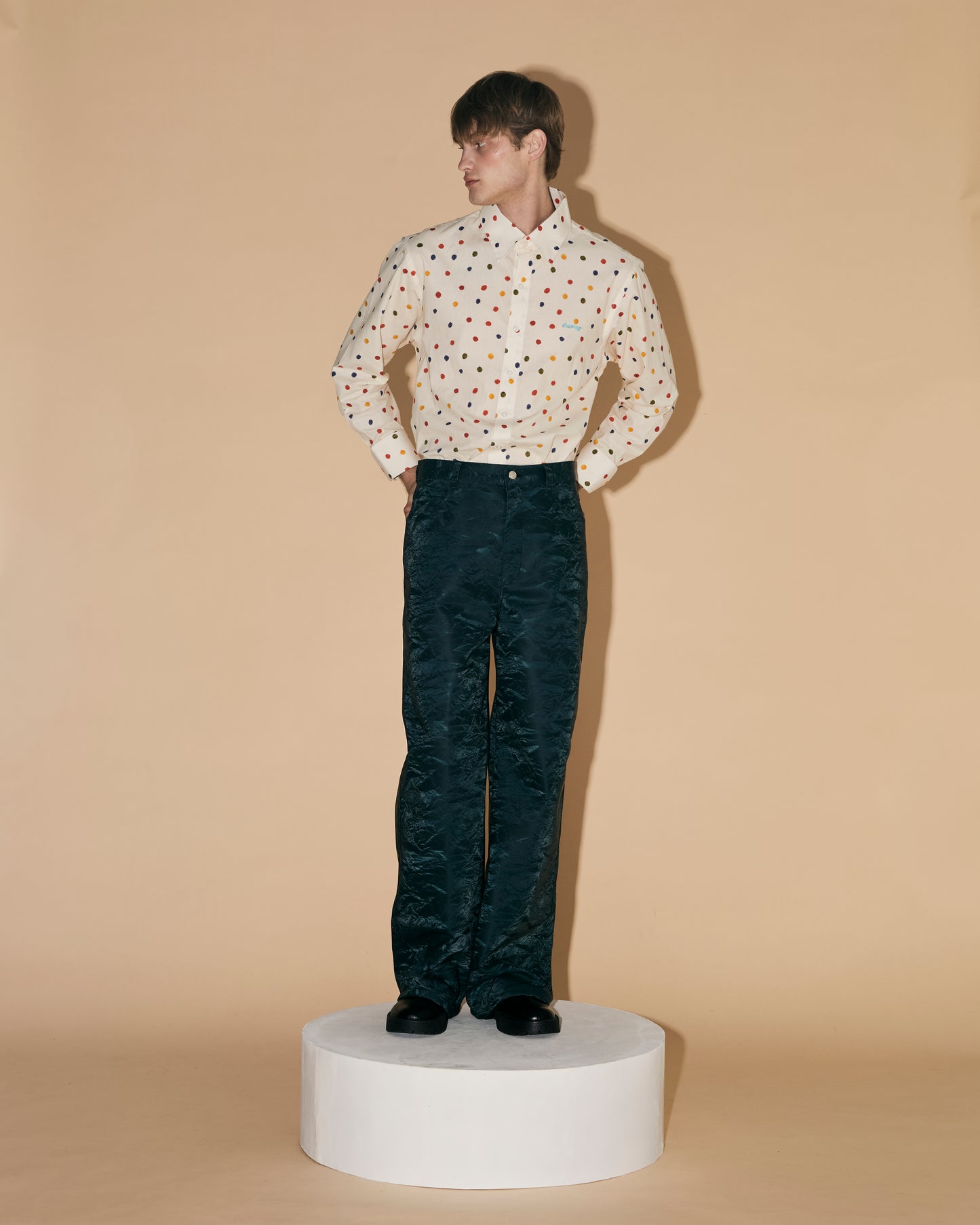 BLUE SILK LEATHER PANTS