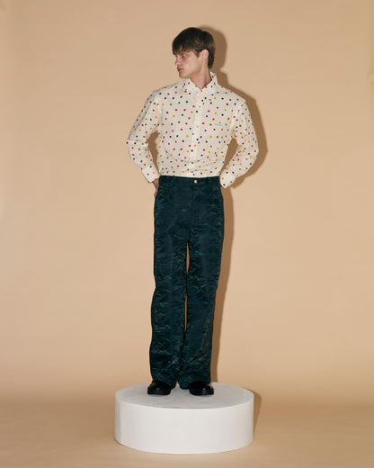 BLUE SILK LEATHER PANTS