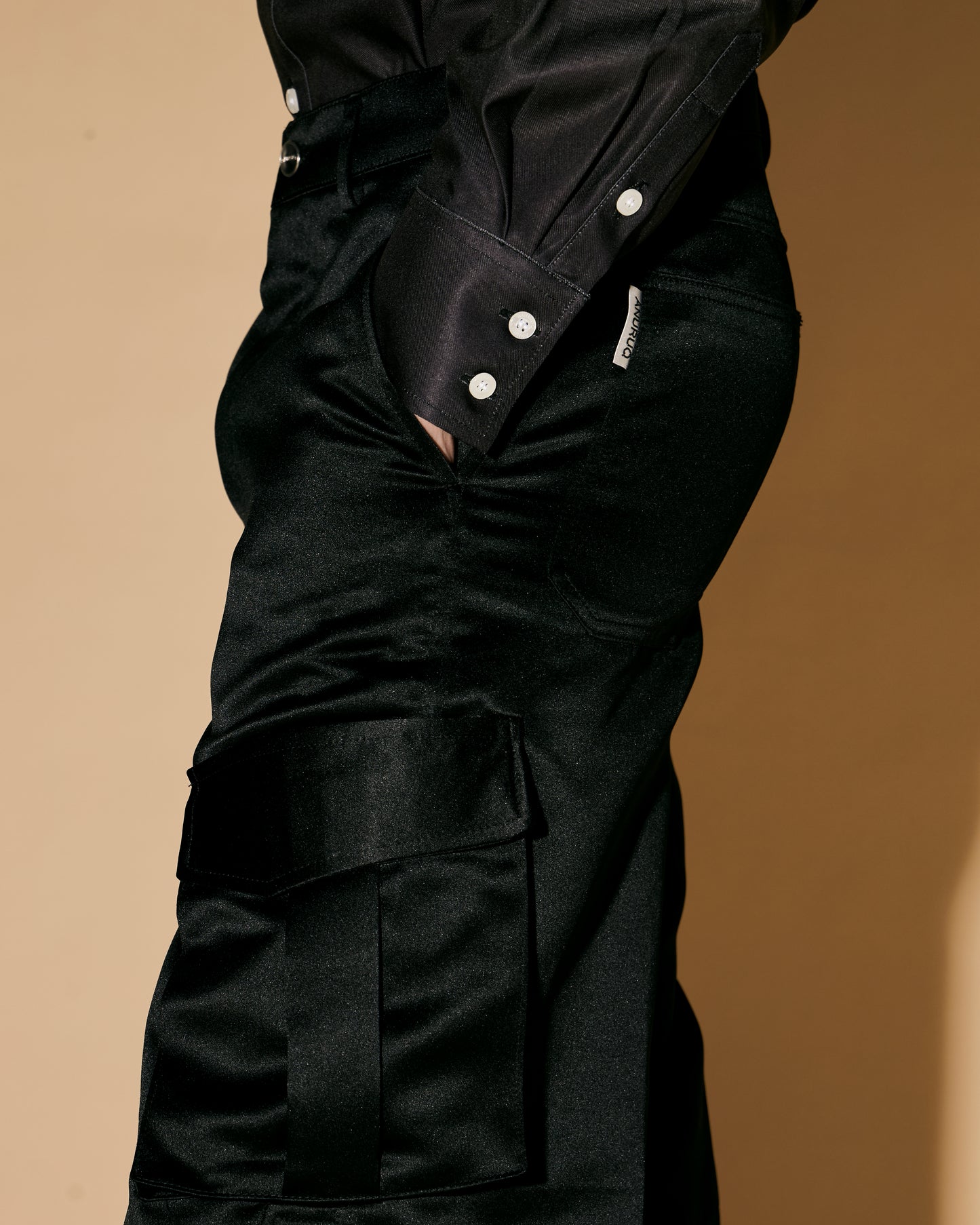 BLACK SATIN CARGO PANTS