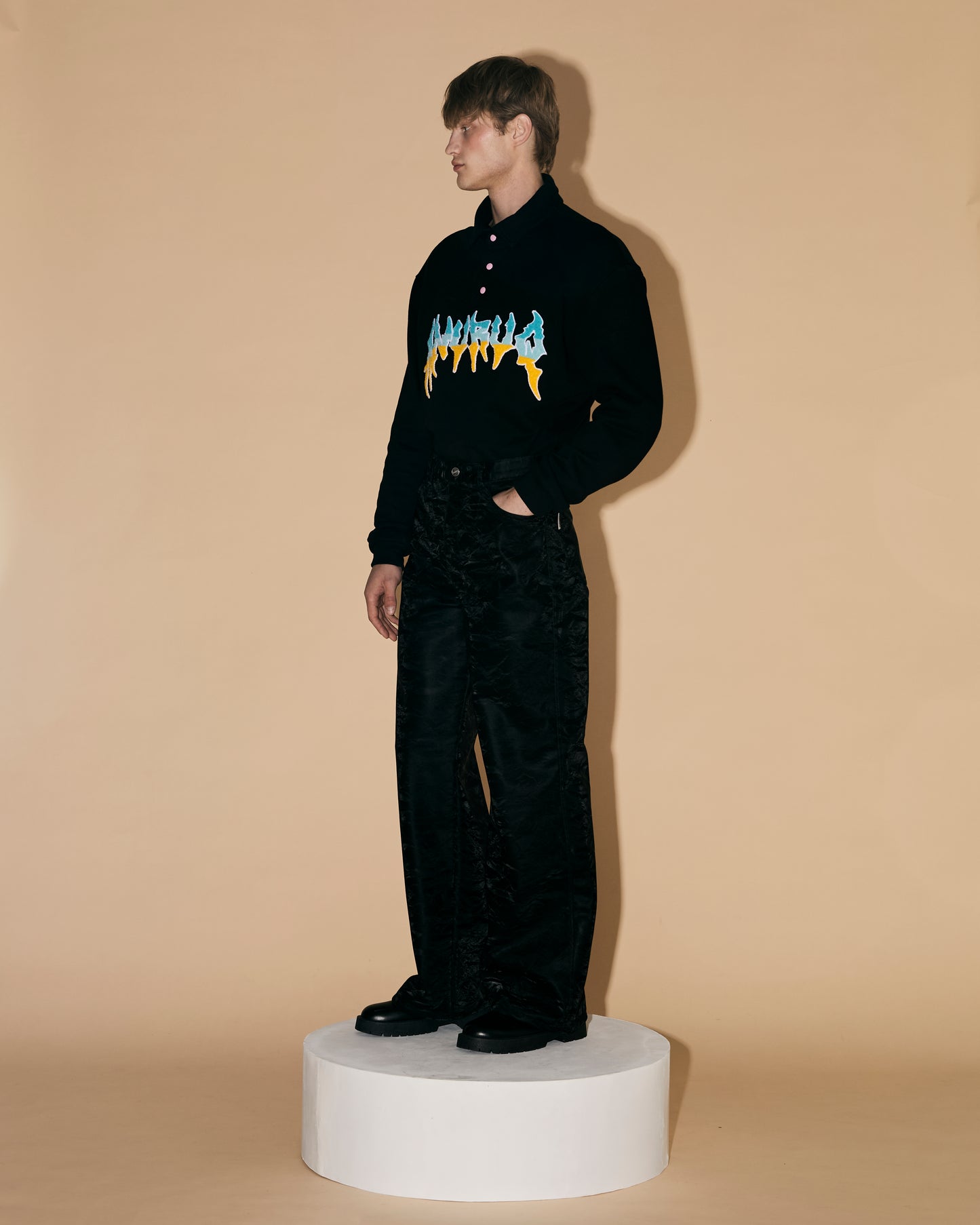 BLUE SILK LEATHER PANTS