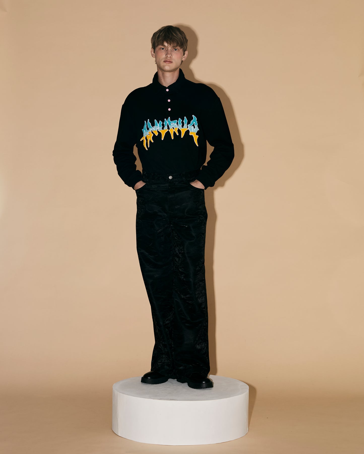 BLUE SILK LEATHER PANTS