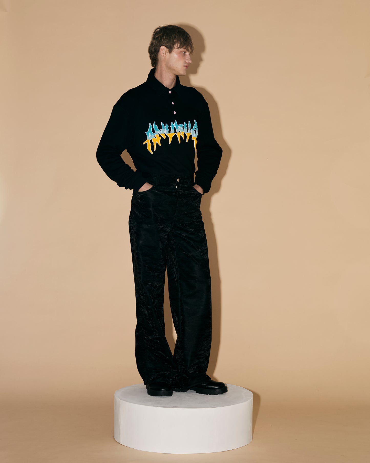 BLUE SILK LEATHER PANTS